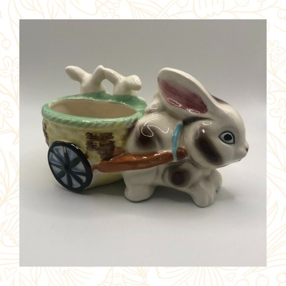 Ceramic Easter Bunny Rabbit Planter with Baby Bunnies in Cart - ESD Hand Painted - Picture 3 of 7